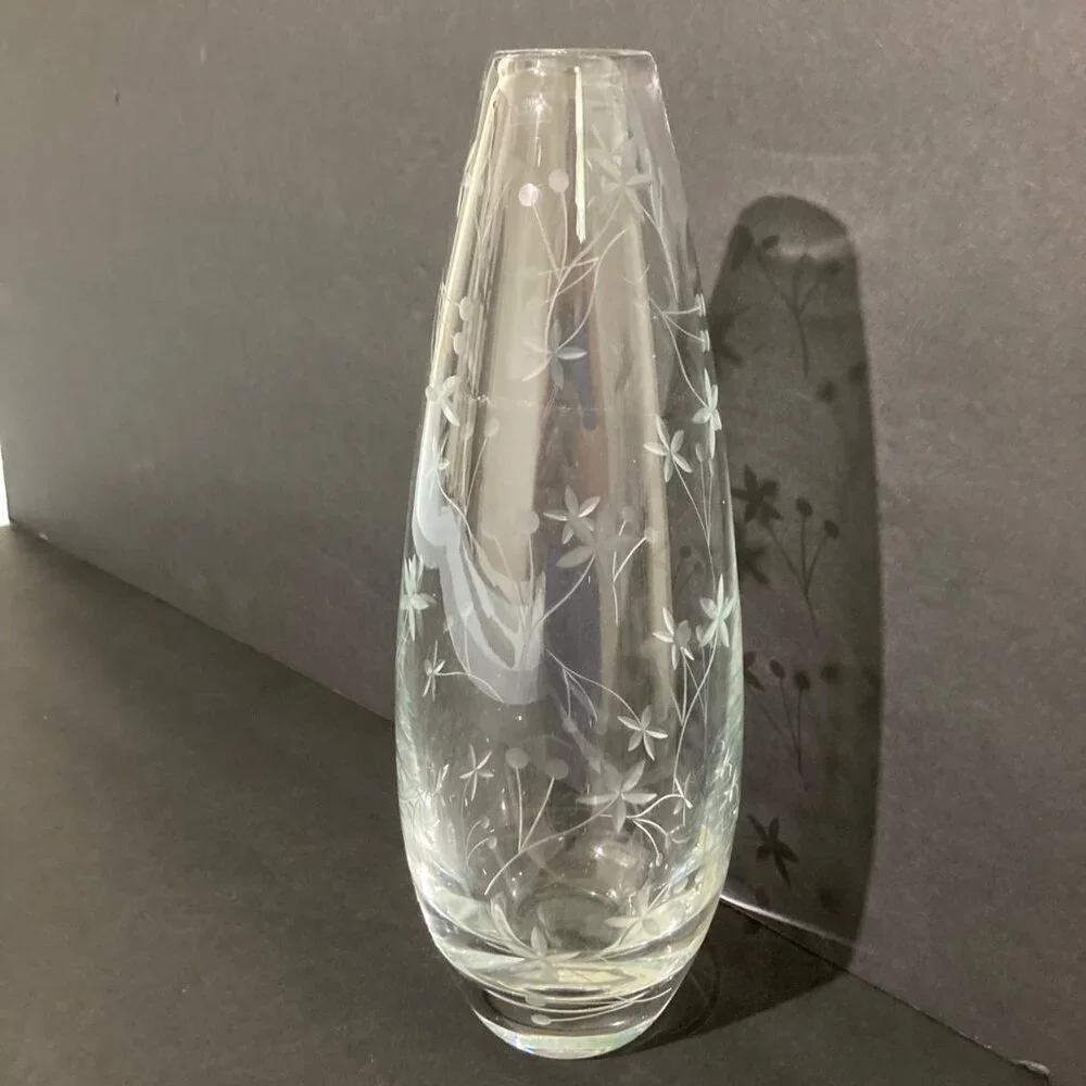 Krosno Poland Etched Glass Vase Minimalist Floral Pattern Polish Crystal